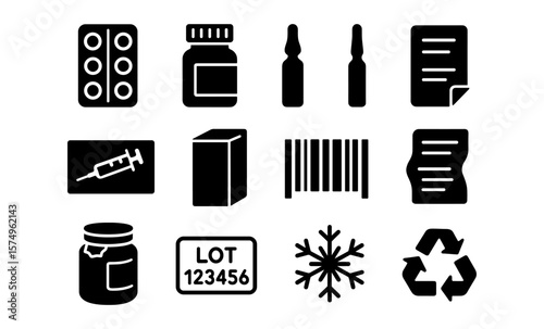 Healthcare icons: medication, packaging, and sustainability in bold silhouette design