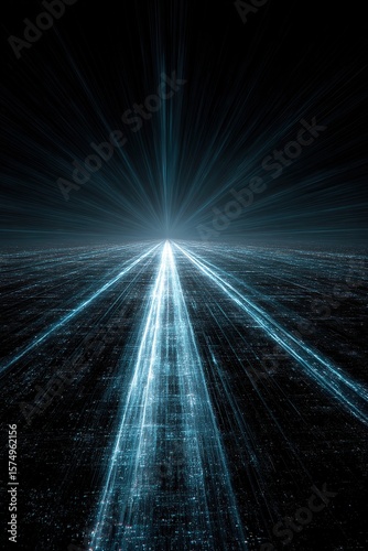 Abstract digital path with converging lines, emitting glow