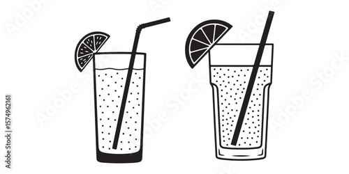 Two refreshing drinks with lemon slices and straws isolated on white background