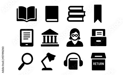 Library icons set: books, e-readers, and more in simple silhouette style