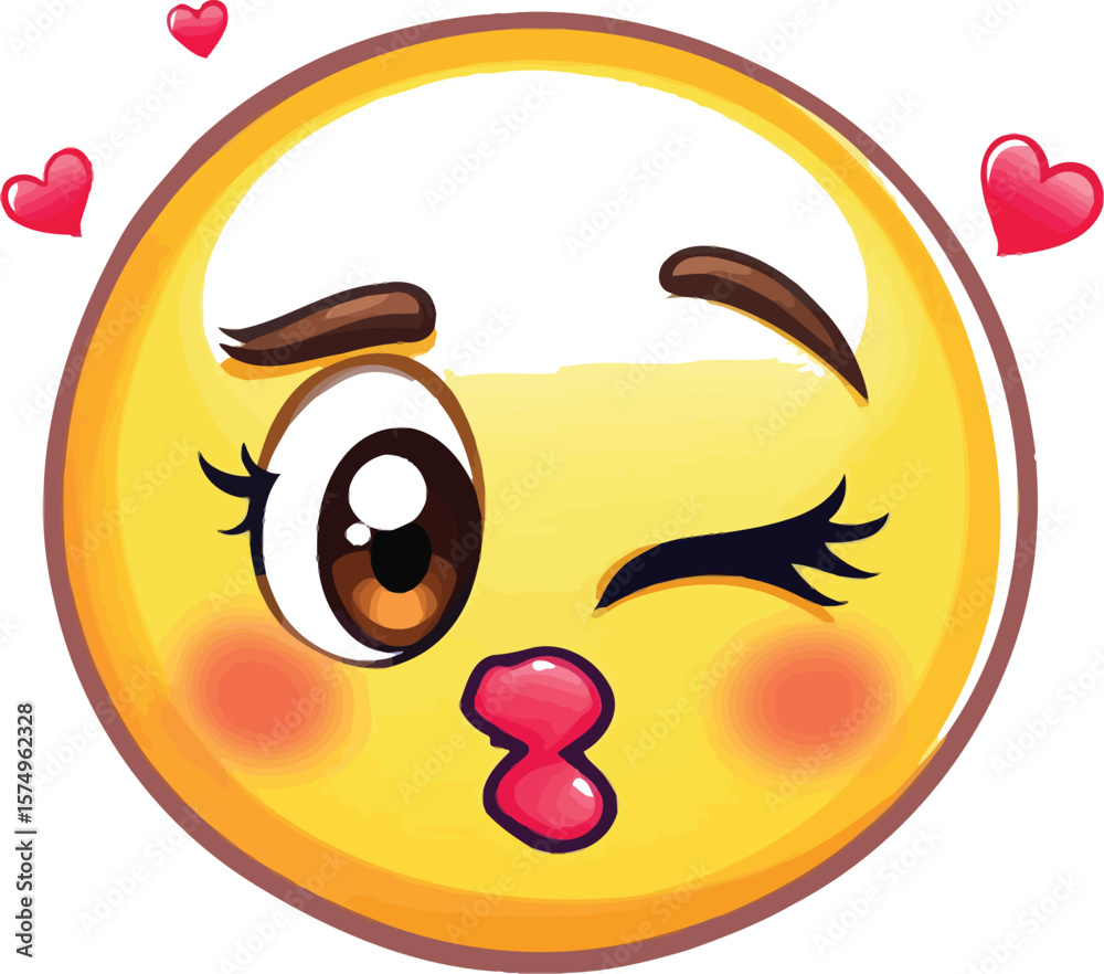 Obraz premium Kissing Emoji with Hearts – Vector Illustration of Flirty Yellow Face Blowing Kiss with Rosy Cheeks and Winking Eye