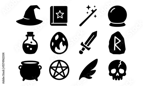 Magic icons set: witch hat, spellbook, wand, crystal ball, potion, and more in black silhouette style