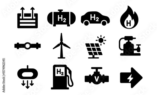 Energy and hydrogen icons: sustainable technology and renewable power symbols