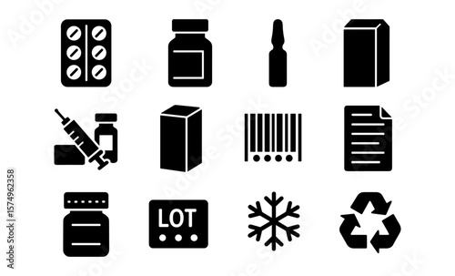 Silhouette icons of medicine and packaging: sustainability, recycling, labels