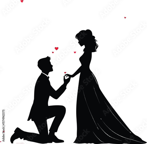 Marriage Proposal Silhouette – Vector Illustration of Man on One Knee Offering Ring to Woman in Dress with Floating Hearts