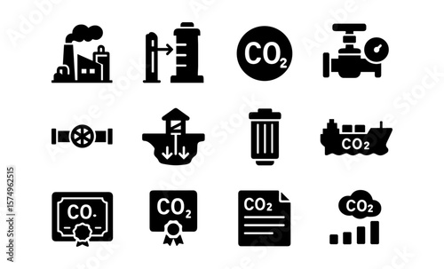 Carbon capture and storage icons: emissions reduction and environmental solutions