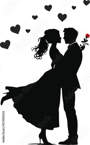 Romantic Proposal Silhouette – Vector Illustration of Man Lifting Woman While Holding Rose Under Floating Hearts