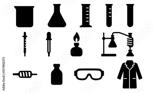 Silhouette of laboratory equipment: beaker, flask, and test tube icons set