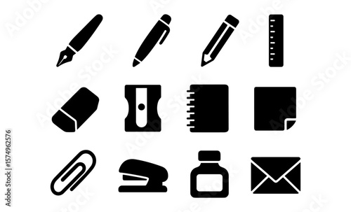 Office supplies icons set: classic black and white silhouette design for stationery