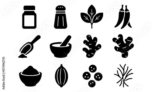 Essential spice icons: herb and condiment silhouettes for culinary design