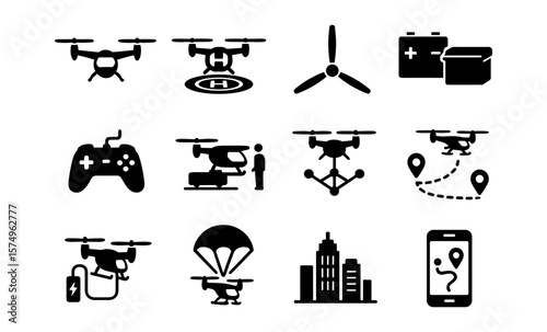 Drone silhouettes: urban delivery, navigation, and accessories icons