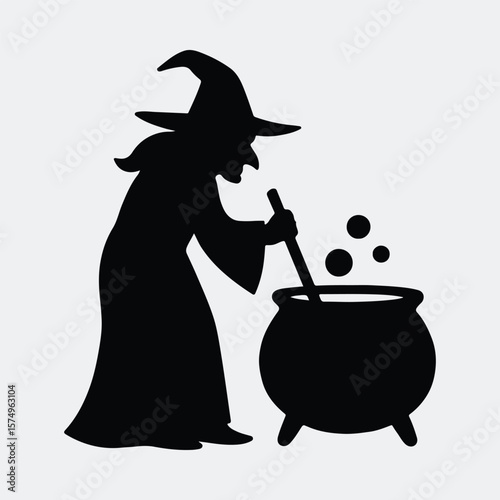 Silhouette witch stirring cauldron cooking potion vector illustration