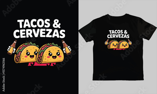 Tacos and Cervezas T-Shirt Design – Cute Happy Tacos Holding Beer Bottles, Playful Typography for Cinco de Mayo, Mexican Fiesta, Food and Drink Party, Humorous Casual Apparel Mockup