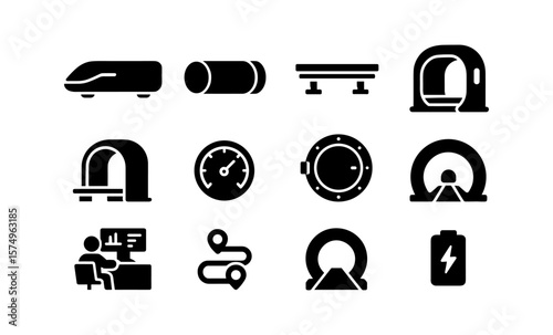 Hyperloop transport icons set: modern monochrome transport and technology symbols