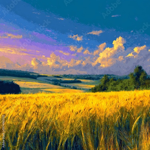 Golden Wheat Field and Azure Sky: A vibrant view of a wheat field bathed in golden sunlight under an azure sky with fluffy clouds, invoking a sense of abundance and tranquility.