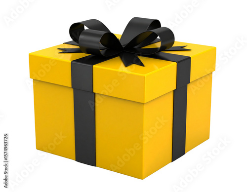 Bright yellow gift box with black ribbon on a white backgroun