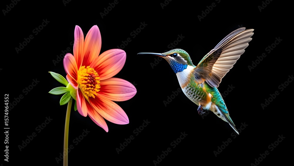 Obraz premium Hummingbird flying to flower nectar nature wildlife bird photography black background