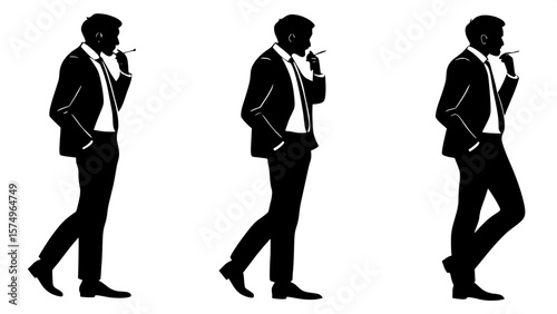"Three evenly spaced male silhouettes in suits and ties, smoking cigarettes. Each figure is in a unique pose from a three-quarter perspective. Flat black shapes on a stark white background, minimal de