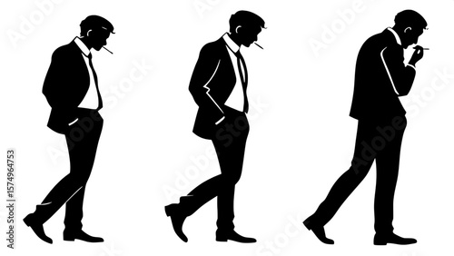 "Three evenly spaced male silhouettes in suits and ties, smoking cigarettes. Each figure is in a unique pose from a three-quarter perspective. Flat black shapes on a stark white background, minimal de