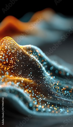 Abstract, layered, undulating surface with glowing particles