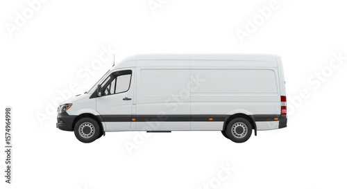 transparent commercial delivery van, long wheelbase, high roof, gleaming, strict side profile view, on a transparent isolated studio background with shadowless lighting, ultra-realistic product