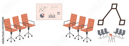 Orange office chairs in rows, data presentation with charts, and hierarchical workflow diagram. Ideal for teamwork, organization, leadership, office setup, planning data analysis structure. Simple