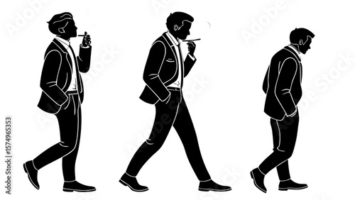 "Full-body silhouettes of three adult businessmen in dark suits and ties, all facing different angles in a three-quarter view. They are smoking cigarettes, with subtle wisps of smoke emerging. High-co