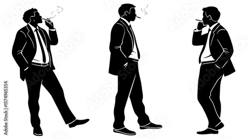 "Full-body silhouettes of three adult businessmen in dark suits and ties, all facing different angles in a three-quarter view. They are smoking cigarettes, with subtle wisps of smoke emerging. High-co
