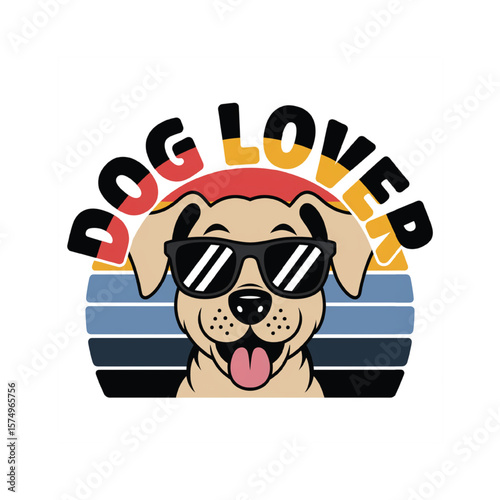 Cool dog wearing sunglasses with retro stripes and text vector