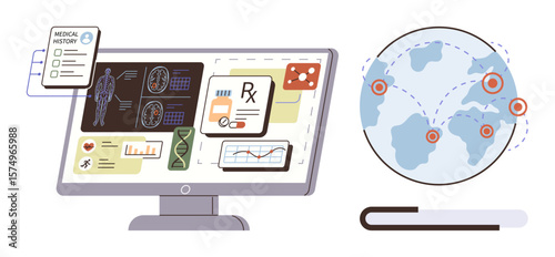 Computer monitor with medical data, patient records, DNA chart, and medication details linked to global network dots. Ideal for telemedicine, data sharing, health research, technology, innovation