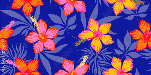 Hand drawn Tropical Hibiscus flowers seamless Floral on Blue Fabric design for textiles, wallpaper, wrapping paper, fabric, fashion, background vector illustration