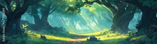 Sunlit Forest Path Digital Painting, Green, Nature, Fantasy digital art, landscape