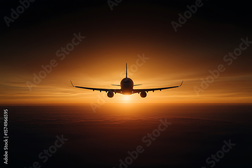 Airplane silhouette at sunset, sky illuminated with warm light, a serene journey into the horizon.