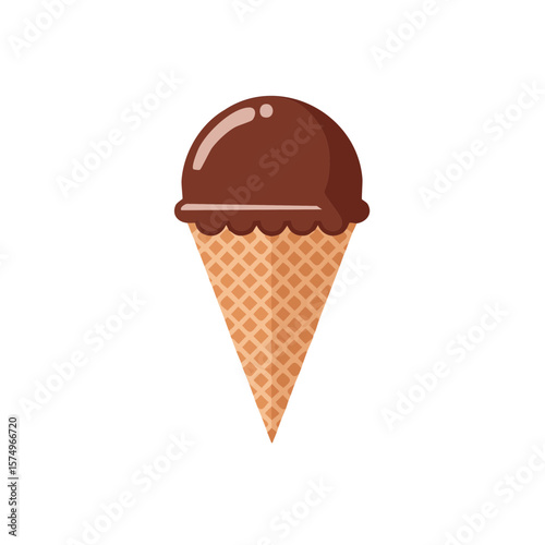 A delightful single scoop of chocolate ice cream in a crispy waffle cone