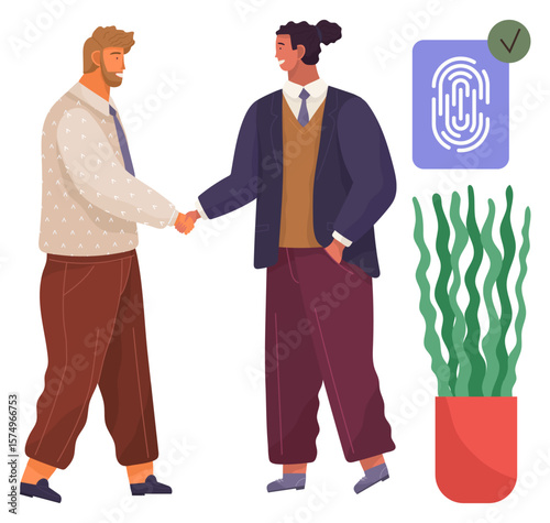 Two men in formal attire shaking hands, symbolizing partnership. Fingerprint icon with tick implies security and trust. Potted plant enhances visual balance. Ideal for collaboration, trust