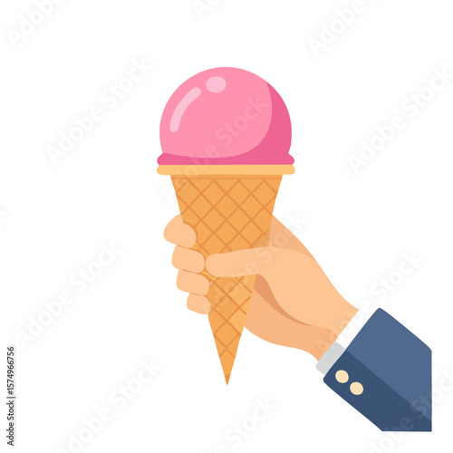 A hand holds a delightful pink scoop of ice cream in a waffle cone, against a pristine background