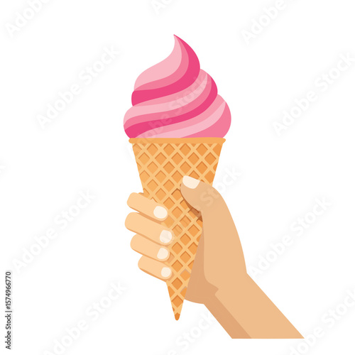 A hand holding a delicious strawberry ice cream cone. The ice cream is pink and swirled, served in a crispy waffle cone.