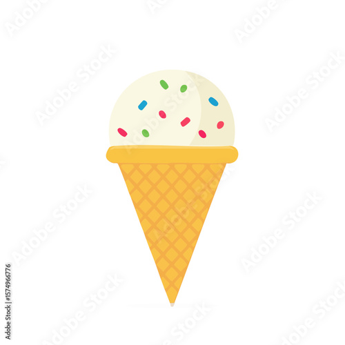 A sweet and refreshing vanilla ice cream cone with colorful sprinkles, perfect for a hot day