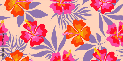 Vintage hand drawn hibiscus flowers seamless patterns. retro exotic Tropical floral classic design for textiles, wallpaper, wrapping paper, fabric, fashion, background vector illustration
