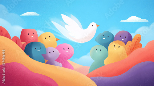 Charming illustration of a dove soaring above colorful, smiling figures. A hopeful, uplifting image symbolizing peace, unity, and freedom. Ideal for messages of harmony.