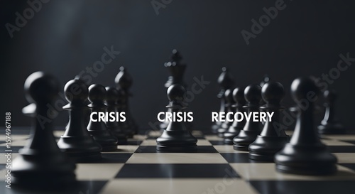 The Chess Game of Crisis and Recovery, a strategic metaphor for overcoming hardship, Chessboard reflecting an economic strategy, facing challenges