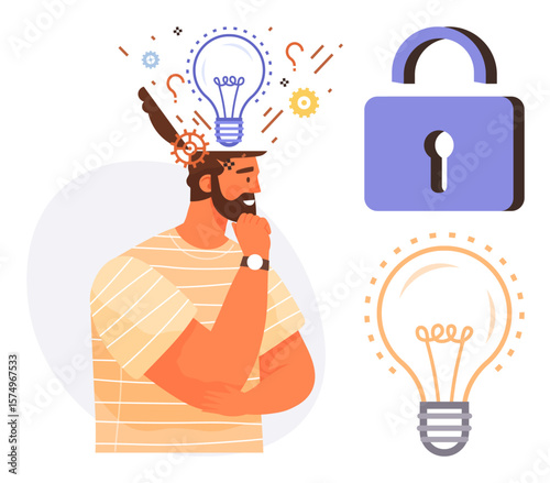 Man deep in thought with abstract light bulbs for ideas, gears for processes, and a padlock for security. Ideal for innovation, creativity, brainstorming, problem-solving, intellectual property