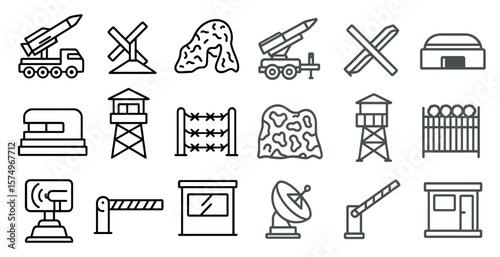 Series of icons depicting various military and security related objects. The icons include a rocket, a truck, a building, a fence, a gate, a building, a building, a building, a building, a building