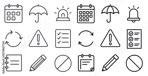 Set of icons for a calendar, including a red circle with a line through it, a red square with a line through it, a red square with a check mark, a red square with a cross through it, a red square wi