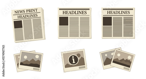 Illustration of newspaper headlines and stacked photographs with information symbol and landscape views