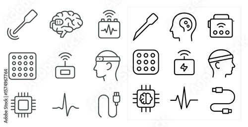 Set of icons for technology and medical devices. The icons include a brain, a heart, a computer, a cell phone, a remote control, a keyboard, a mouse, a pen, a pencil, a stethoscope