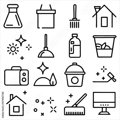 Cleaning and technology icons house broom