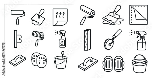 Set of tools and supplies for home improvement. The tools include a paint roller, a paintbrush, a putty knife, a bucket, and a spray bottle. The supplies include a roll of paper, a roll of tape