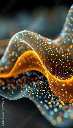 Abstract wavy form, glowing particles, orange, blue, dark background