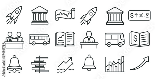 Set of icons that include a rocket, a building, a book, a bus, a person, a dollar sign, a bell, a person with a laptop, a person with a tie, a person with a suit, a person with a